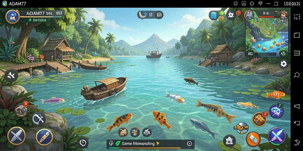 Screenshot gameplay ADAM77 yang menampilkan serunya memancing di berbagai lokasi.