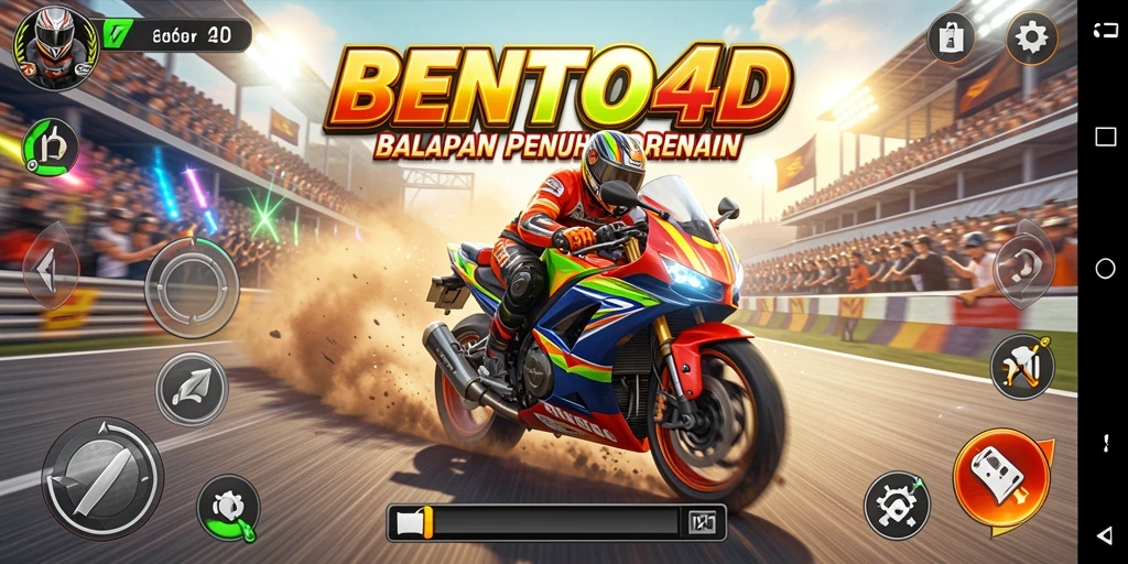 Screenshot permainan BENTO4D menampilkan balapan motor yang seru.