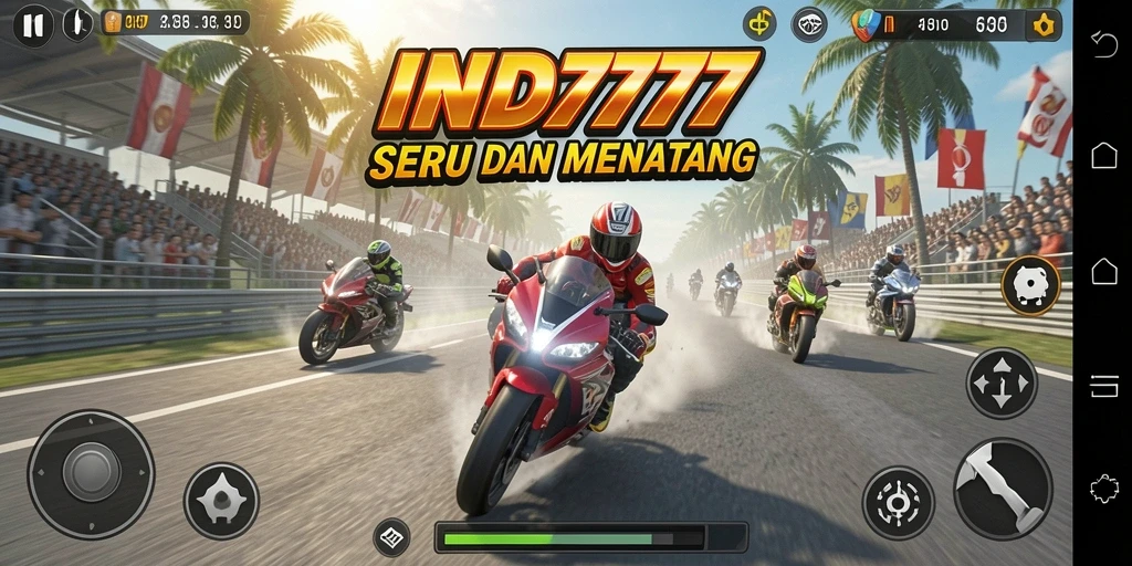 Tampilan gameplay seru IND777 dalam balapan motor yang kompetitif.