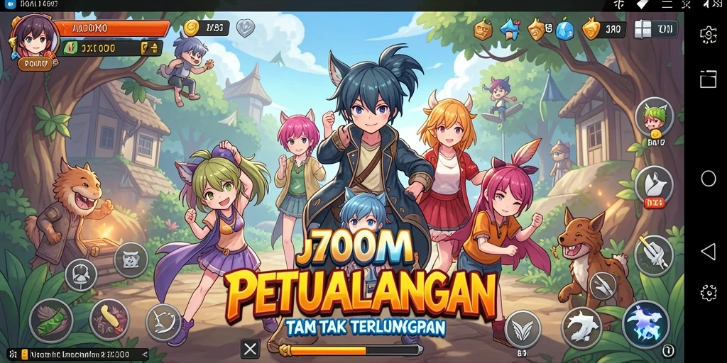 Screenshot J200M menampilkan pertempuran seru dengan karakter Anime favorit.