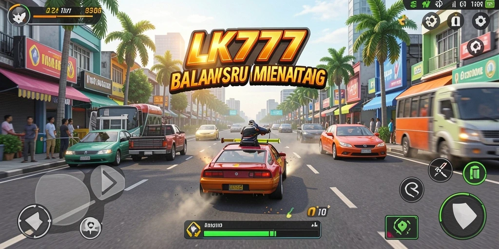Tampilan gameplay LK777 dengan mobil balap di trek yang menantang.