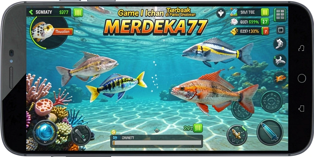 Tangkapan layar gameplay <strong>MERDEKA777</strong> yang menampilkan ikan berwarna-warni dan aksi menembak.