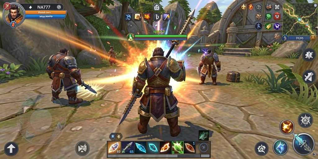 Tangkapan layar utama gameplay <strong>NA777</strong> memperlihatkan pertempuran epik di dunia fantastis.