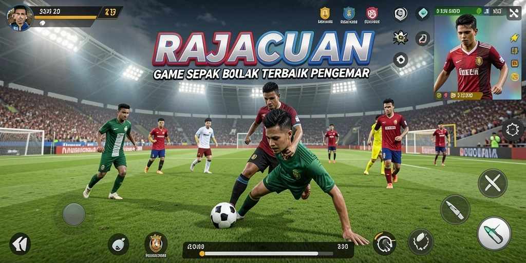 Tangkapan layar gameplay RAJACUAN dengan aksi sepak bola intens.