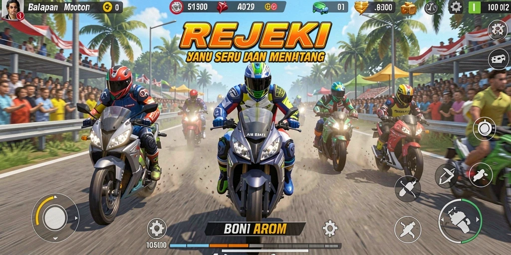 Tampilan gameplay menarik dari REJEKI yang penuh aksi balap motor.