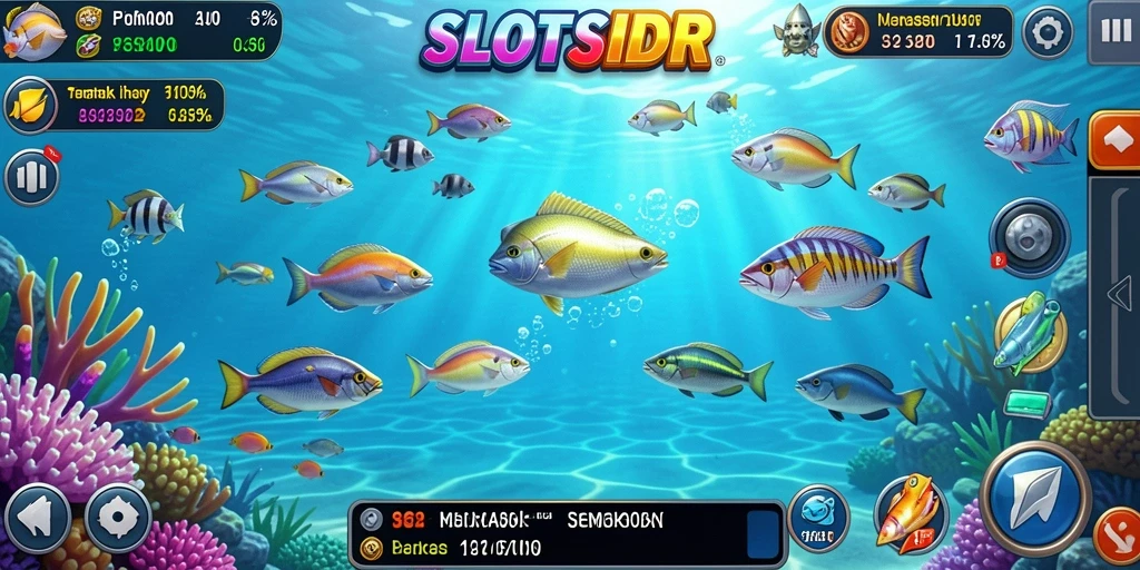 Screenshot gameplay SLOTSIDR yang menampilkan ikan dan senjata.