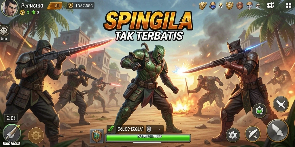 Screenshot SPINGILA menampilkan pertarungan seru dengan karakter dan arena yang menakjubkan.