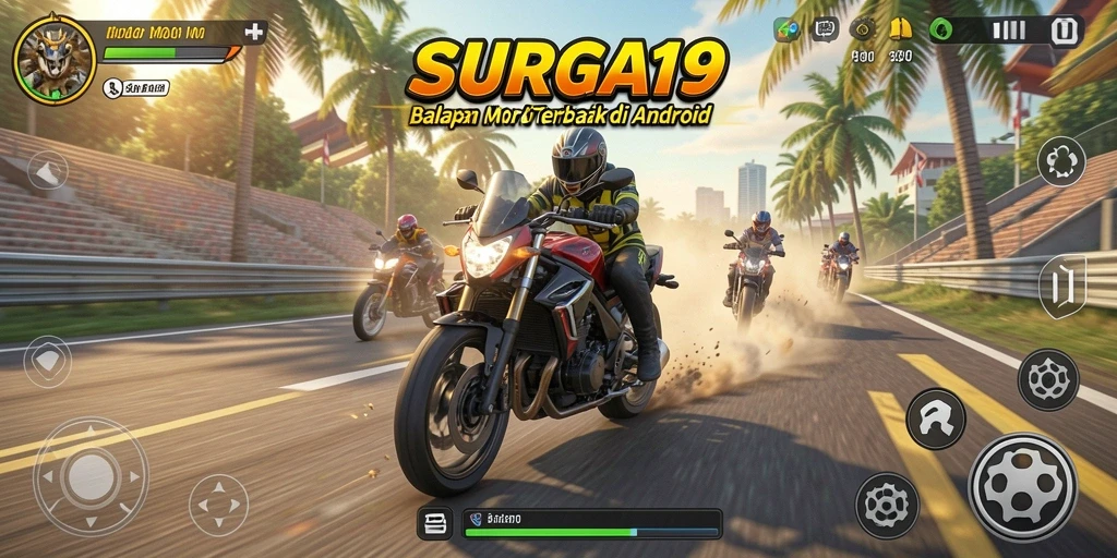 Gameplay seru dari SURGA19 dengan balapan motor yang mendebarkan.